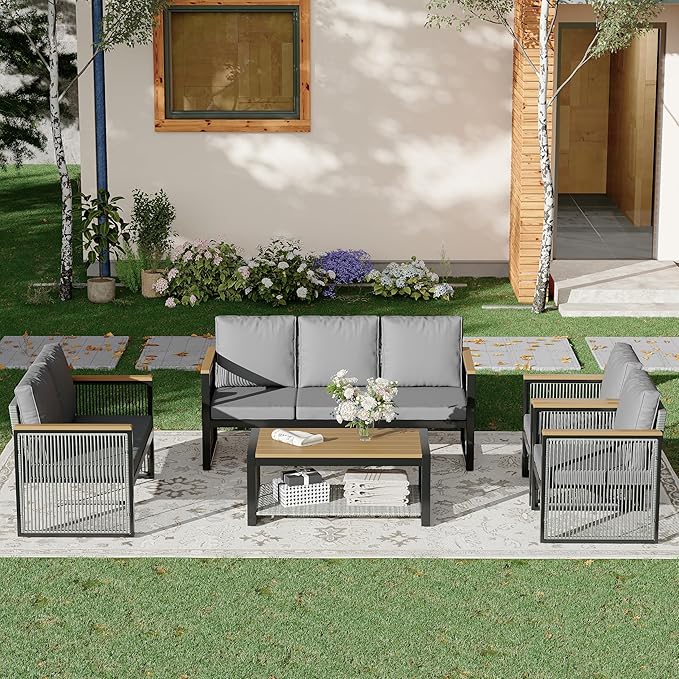 HOMREST 5 Pieces Patio Set,7 Seats Outdoor Furniture Sets,Modern Chair Conversation Sets with Coffee Table,Love Seat,3-Seat Sofa for Deck Poolside Yard(Grey)