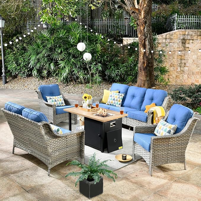 HOOOWOOO 5 Piece Patio Furniture Conversation Sets with Fire Pit Table,Outdoor Wicker Furniture,All Weather Resistant High Back Rattan Outside Furniture Patio Set(Diamond Blue)