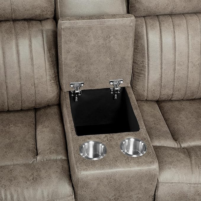 Lexicon 74" W Manual Double Reclining Loveseat with Center Console, Polished Microfiber Recliner Loveseat, Pillow Top Arms, for Living Room, Easy Assembly, Sandy Brown