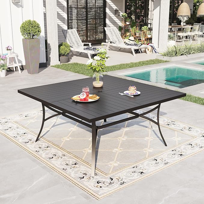 PHI VILLA Large Outdoor Square Dining Table for 8, 60" Metal Steel Slat Table with Umbrella Hole, Weather-Resistant Dining Fruniture for Patio, Deck, Backyard, Porch - Black - Image 9