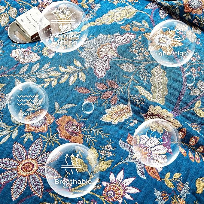 LUTBM Boho Throw Blanket for Bed Cotton Spring Blankets Bedroom Living Room Twin All Season Lightweight Floral Embroidery Quilt for Couch Sofa Chair 60"x80"
