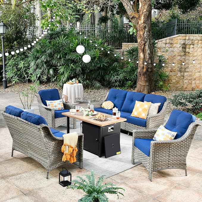 HOOOWOOO 5 Piece Patio Set with Fire Pit Table, All Weather Resistant High Back Rattan Outdoor Wicker Furniture (Navy Blue)