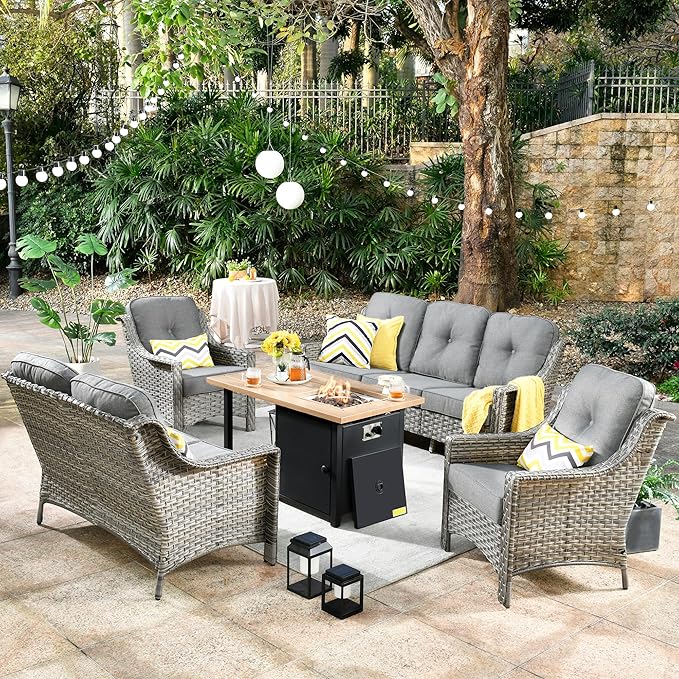 HOOOWOOO 5 Piece Patio Set with Fire Pit Table, All Weather Resistant High Back Rattan Outdoor Wicker Furniture (Dark Grey)