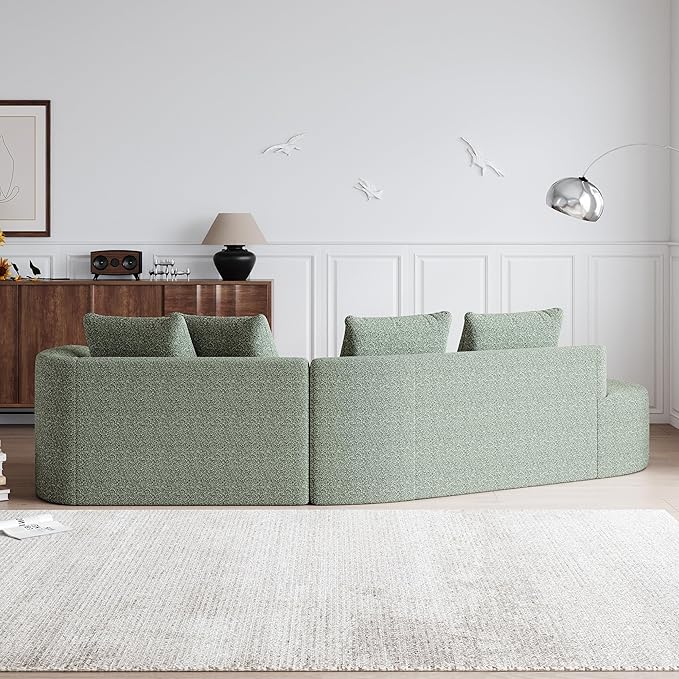 112" Modern Cloud Sectional Sofa, Chenille 4-Seater Curved Couch with 4 Pillows, Extra Deep & Wide Seat, No-Assembly Compressed Upholstered Living Room Sofa for Bedroom,Apartment,Green Right