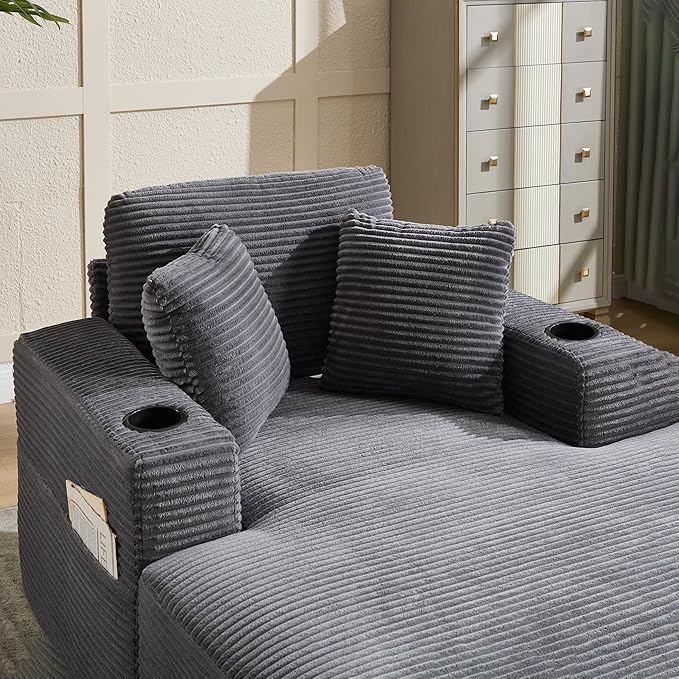 KEIKI Oversized Accent Chair with Ottoman, Chaise Lounge Chair Indoor with Cupholders, Oversized Sofa Bed, Deep Seat Sleeper Couch Reading Chairs for Living Room, Gray