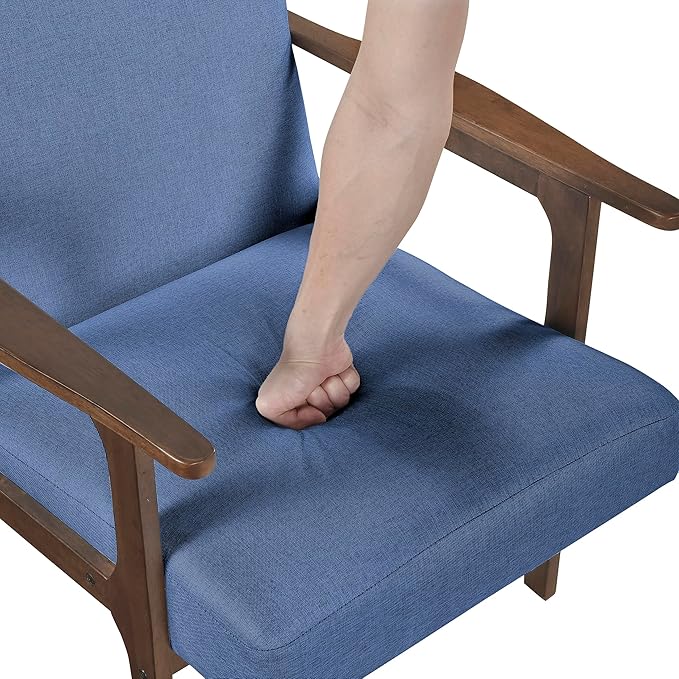 Lexicon Mid Century Modern Accent Chair, Upholstered Lounge Armchair, Single Sofa Seat, Brown Finish Solid Wood Framed Comfy Side Chairs for Living Room/Bedroom/Office/Waiting Area, Blue