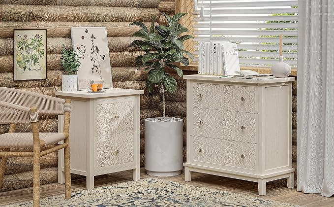 COZAYH 3-Drawer Fully-Assembled Flower Motif Dresser, Set of 2 Nightstand for French Country, Farmhouse, Modern, Rustic Style, Distressed Finish, White-Washed - Image 7