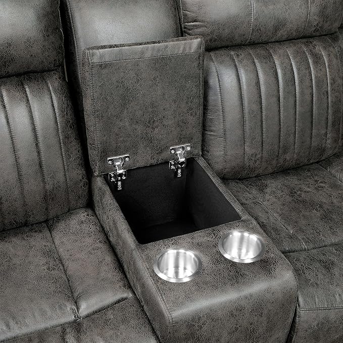 Lexicon 74" W Manual Double Reclining Loveseat with Center Console, Polished Microfiber Recliner Loveseat, Pillow Top Arms, for Living Room, Easy Assembly, Brownish Gray