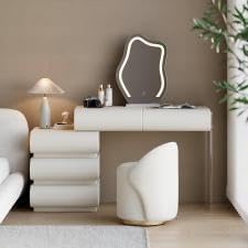 homary 2-Piece Bedroom Furniture Set, King Size Faux Leather Platform Bed Frame with Wingback Headboard and White Vanity Set with LED Mirror & Stool, Modern Bedroom Set for Women and Couples