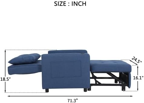 Ball & Cast 3 in 1 Sleeper Sofa Bed,Convertible Pull Out Couch with USB Ports and Side Pocket,Single Sofa Chair W/Adjustable Backrest,Futon Chaise Lounge for Living Room,Apartment,Blue,31"
