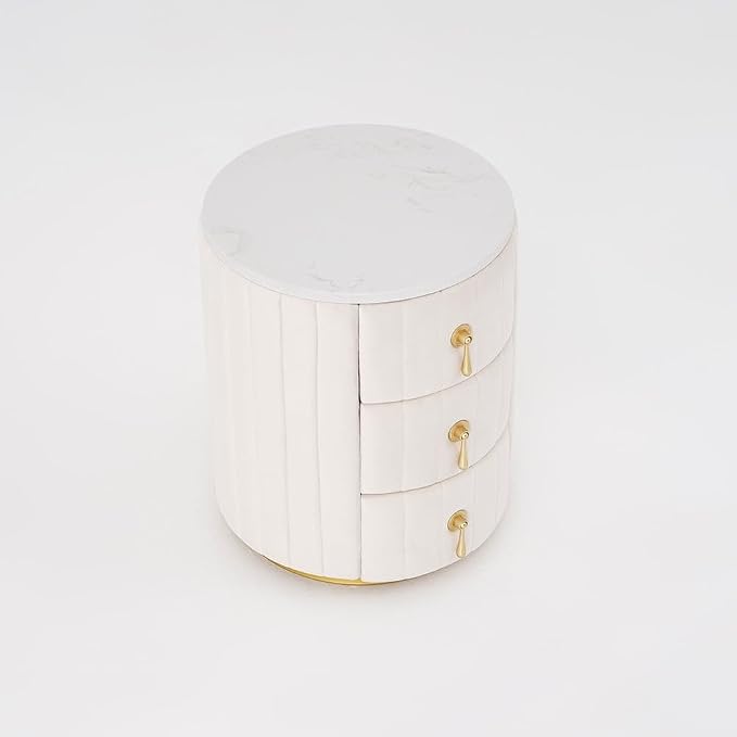 homary Velvet Nightstand with 3 Drawers, White Round Bedside Table with Sintered Stone Top, Modern Nightstand with Storage for Bedroom, End Table for Living Room - Image 9