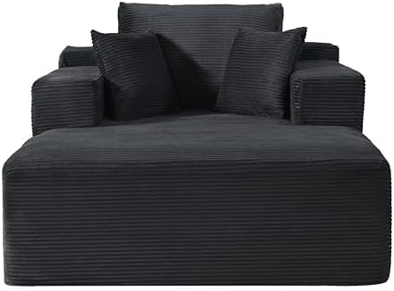 Monroe Convertible Chaise Lounge Chair Indoor – Oversized Corduroy Couch with Wide Armrest & Throw Pillows, Cozy Boneless Sleeper Sofa Bed Armchair, Black