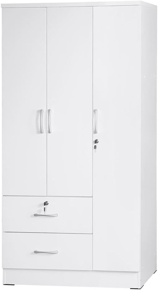 Pemberly Row Modern 2 Drawer Wooden Wardrobe Armoire Closet, White Finish, 72” H x 36” W x 20” D, Engineered Wood, Garment Rod, 3 Shelves, Silver Handles, Bedroom Storage Furniture