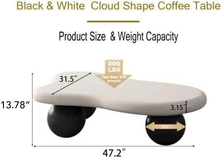 47" Modern Coffee Table Cloud Shape Low Center Table Cute Irregular Indoor Tea Table with 3 Ball Legs for Living Room Small Space