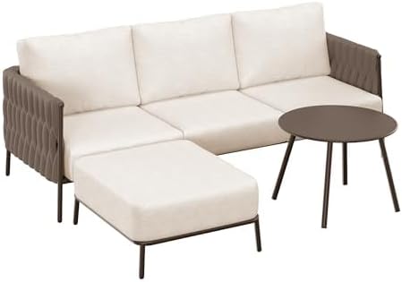 East Oak 3-Piece Patio Furniture Set | Life Chatter 4-Seat Outdoor Furniture | Sectional Sofa Set with Round Coffee Table | Deep Seating Sofa with Thick & Washable Cushions | Chestnut & Apricot