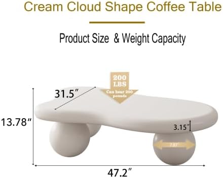 47" Cream White Coffee Table Modern Cloud Shape Low Center Table Cute Irregular Indoor Tea Table with 3 Ball Legs for Living Room Small Space Apartment