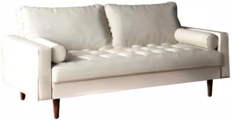 Womble Mid Century Modern Couch with Bolster Pillows, PU Leather Upholstered Tufted Seat, Versatile Retro Design for Comfortable Living Spaces, Sofa, White