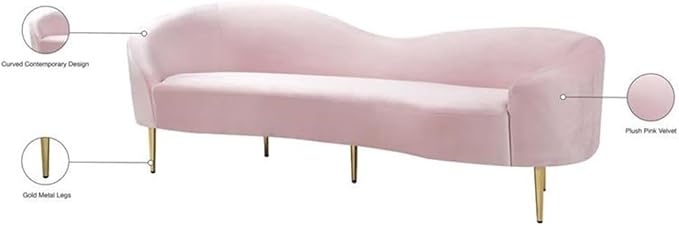 Meridian Furniture Ritz Collection Modern | Contemporary Velvet Upholstered Sofa With Sturdy Metal Legs in Rich Gold Finish, Pink, 85.5" W x 31.75" D x 30.5" H