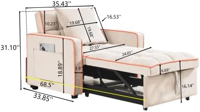 Convertible Sleeper Chair, Pull Out Chair Sleeper with Pillow, Chairs Bed Sleepers for Adults, 3 in 1 Sofa Bed Chairs for Small Spaces, Living Room, White