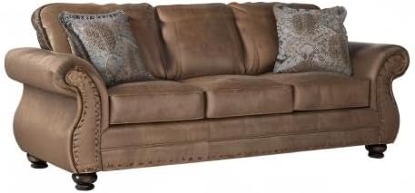 Leinster Faux Leather Sofa and Loveseat with Antique Bronze Nailheads in Jetson Ginger