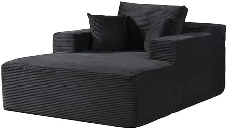 Monroe Convertible Chaise Lounge Chair Indoor – Oversized Corduroy Couch with Wide Armrest & Throw Pillows, Cozy Boneless Sleeper Sofa Bed Armchair, Black