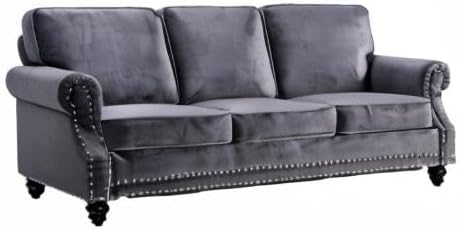 Lotus Mid Century Modern Velvet Upholstered Living Room Rolled Arms, Sofa, Fossil Grey