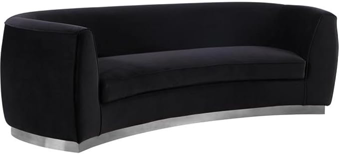 Meridian Furniture Julian Collection Modern | Contemporary Velvet Upholstered Sofa with Stainless Steel Base in Polished Chrome Finish, Black, 91.5" L x 36" D x 28" H