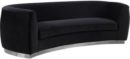 Meridian Furniture Julian Collection Modern | Contemporary Velvet Upholstered Sofa with Stainless Steel Base in Polished Chrome Finish, Black, 91.5" L x 36" D x 28" H