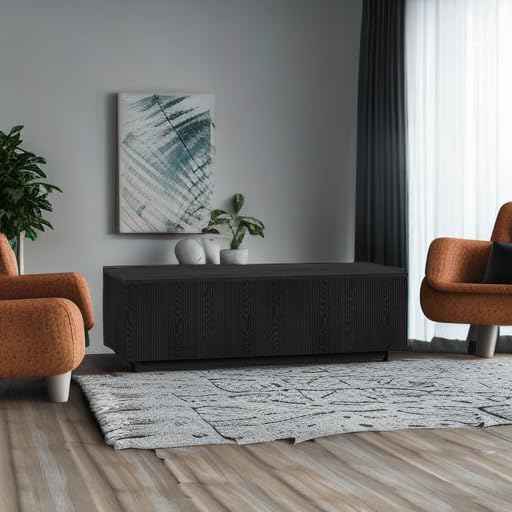Henn&Hart 48" Fluted Rectangular Low-Profile Coffee Table with Ribbed Sides for Living Room, Family Room, or Office, Natural Black