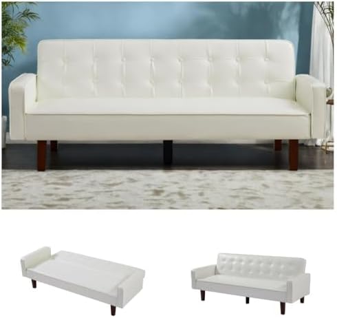 Modern PU Leather 3-Seat Couch, Adjustable Backrest Convertable Sofa, Sleek Minimalist Fold Out Couch Loveseat with Armrests, Sofa for Living Room Home Office Spaces, White