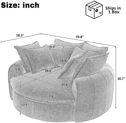 Merax 59.8" Full-Compressed Round Chaise Sofa, Boneless Loaf Style Chenille Upholstered Sofa Bed with 8 Throw Pillows for Living Room, Orange