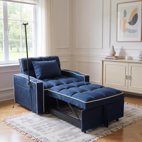 Sleeper Chair, Convertible Pull Out Chair Sleeper with Bracket and Cup Holder, Chairs Bed Sleepers for Adults, 3 in 1 Sofa Bed Chairs for Small Spaces, Living Room, Blue
