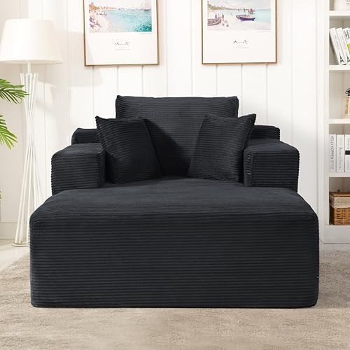 Monroe Convertible Chaise Lounge Chair Indoor – Oversized Corduroy Couch with Wide Armrest & Throw Pillows, Cozy Boneless Sleeper Sofa Bed Armchair, Black