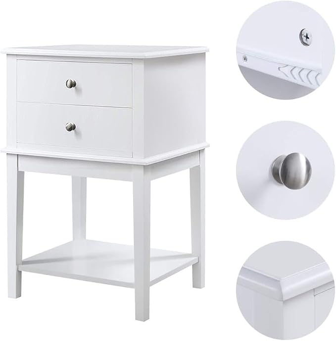conifferism White Nightstand 2 Drawers and Storage Shelf, 28 Inch High Bedroom Night Stand, Contemporary Modern Bed Side Table, Living Room Country Cottage 19 Inch Wide End Table Metal Sliders - Image 4