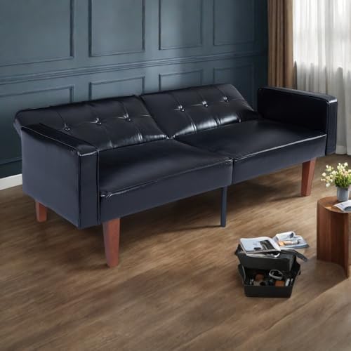 Adjustable Backrest Convertable Sofa, Modern PU Leather 2-Seat Futon Sofa, Convertible Faux Leather Sleeper Couch with Armrests, Couch for Living Room Home Office Spaces, Black