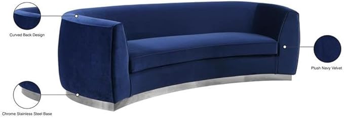 Meridian Furniture Julian Collection Modern | Contemporary Velvet Upholstered Sofa with Stainless Steel Base in Polished Chrome Finish, Navy, 91.5" W x 36" D x 28" H