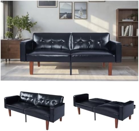 Adjustable Backrest Convertable Sofa, Modern PU Leather 2-Seat Futon Sofa, Convertible Faux Leather Sleeper Couch with Armrests, Couch for Living Room Home Office Spaces, Black
