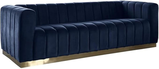 Meridian Furniture 603Navy-S Marlon Collection Modern | Contemporary Velvet Upholstered Sofa with Deep Channel Tufting, Stainless Steel Base in a Brushed Gold Finish, Navy, 86.5" W x 34" D x 28" H