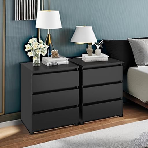 FOTOSOK Nightstand Set of 2 Black Nightstand with 3 Drawers, Black Bedside Table Night Stand for Bedroom with Cut-Out Handle, Sofa Side Table 3 Drawer Nightstand for Bedroom, 17.7W*15D*21.7H - Image 6