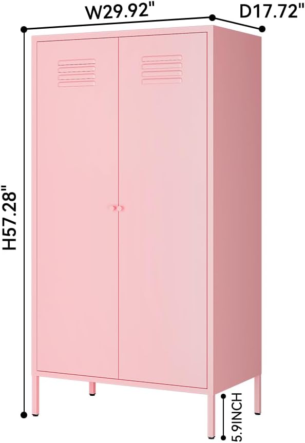 2 Door Metal Cabinet,Classified Storage Tall Storage Cabinet with Hanging Rod&2 Freely Adjustable Shelves, Metal Tall Storage Cabinet for Garage, Storage Room,Home (Steel Cabinet,Pink)