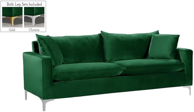 Meridian Furniture Naomi Collection Modern | Contemporary Green Velvet Upholstered Sofa with Stainless Steel Base in a Rich Gold or Chrome Finish, 81.5" W x 33.5" D x 30" H (633Green-S)