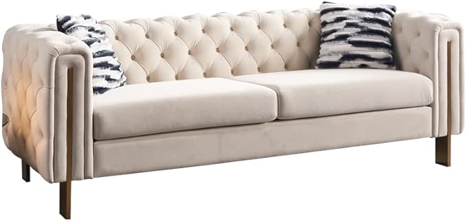 KEIKI 84" Chesterfield Velvet Tufted Button Sofa with Removable Cushions and 2 Toss Pillows, Modern 3-Seater Couch with 4 Gold Metal Leg, Easy Assembly, for Living Room, Bedroom, Apartment, Cream