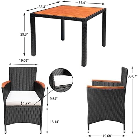 Devoko 5 PCS Furniture, Patio Conversation Set with Acacia Wood Top, Rattan Outdoor Dining Table and Chairs for Backyard, Garden, Deck, Black - Image 8
