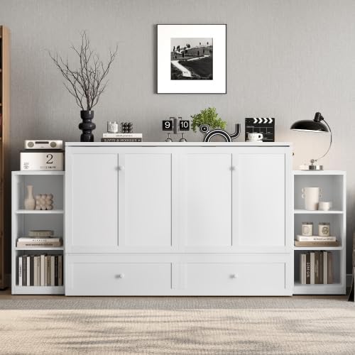 Bellemave Queen Size Murphy Bed, Cabinet Bed with 2 Shelves and Storage Drawers, Farmhouse Murphy Cabinet, Noisy Free, for Guest Bedroom, Living Room, Office, White