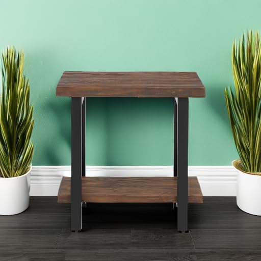 Alaterre Furniture Pomona Living Room Tables – 2-Tier Solid Wood End Table with Natural Finish and Metal Legs – Modern Farmhouse Accent or Home Décor (Rustic Brown)