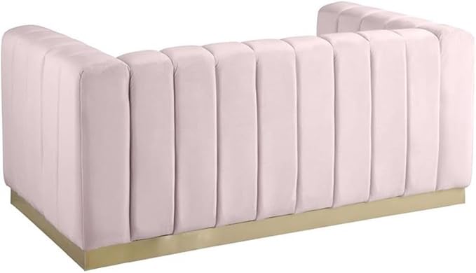 Meridian Furniture 603Pink-L Marlon Collection Modern | Contemporary Velvet Upholstered Loveseat with Deep Channel Tufting, Stainless Steel Base in a Brushed Gold Finish, Pink, 62.5" W x 34" D x 28" H