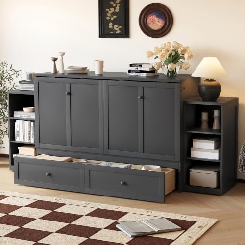 Bellemave Queen Murphy Bed, Cabinet Bed with 2 Shelves and Storage Drawers, Farmhouse Murphy Cabinet, Noisy Free, for Guest Bedroom, Living Room, Office, Vintage Dark Gray