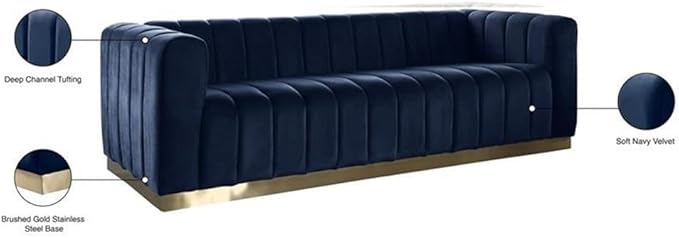 Meridian Furniture 603Navy-S Marlon Collection Modern | Contemporary Velvet Upholstered Sofa with Deep Channel Tufting, Stainless Steel Base in a Brushed Gold Finish, Navy, 86.5" W x 34" D x 28" H