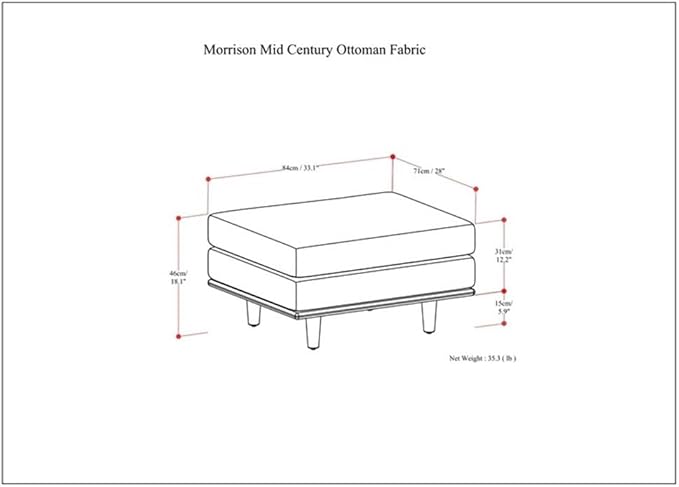 SIMPLIHOME Morrison 33-inch Wide Table Ottoman in Mist Grey Woven-Blend Fabric, Multifunctional Footrest, Coffee Table, or Extra Seating for Living Room, Mid-Century Modern Style