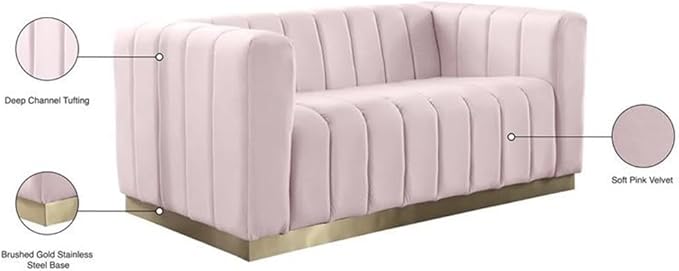 Meridian Furniture 603Pink-L Marlon Collection Modern | Contemporary Velvet Upholstered Loveseat with Deep Channel Tufting, Stainless Steel Base in a Brushed Gold Finish, Pink, 62.5" W x 34" D x 28" H